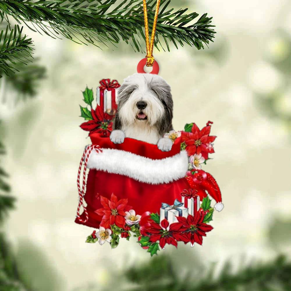 Old English Sheepdog In Gift Bag Christmas Ornament, Christmas Tree Decoration, Car Ornament Accessories, Christmas Ornaments 2023
