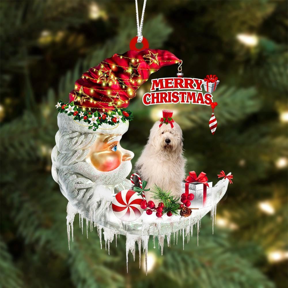 Old English Sheepdog On The Moon Merry Christmas Hanging Ornament, Christmas Tree Decoration, Car Ornament Accessories, Christmas Ornaments 2023