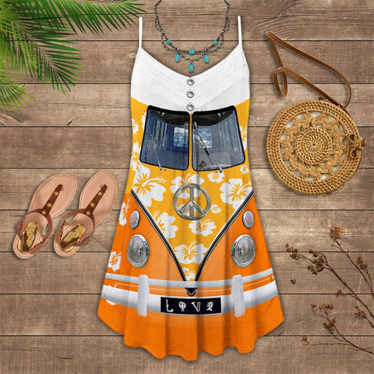 Orange Hibiscus Hippie Van Spaghetti Strap Summer Dress For Women On Beach Vacation, Hippie Dress, Hippie Beach Outfit