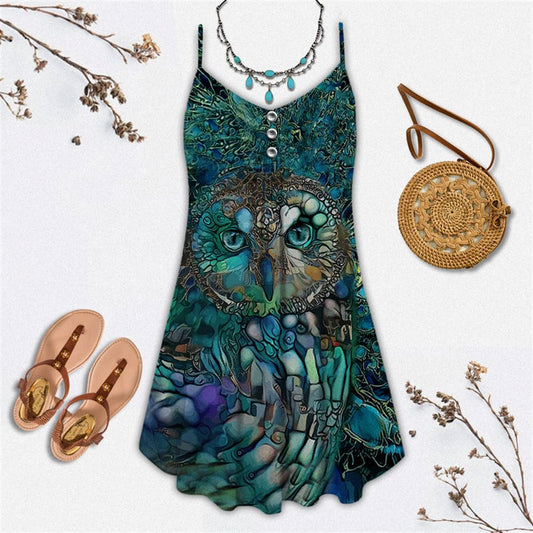 Owl Abstract Art Spaghetti Strap Summer Dress For Women On Beach Vacation, Hippie Dress, Hippie Beach Outfit