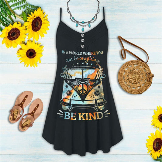Peace Sign Hippie Van Be Kind Spaghetti Strap Summer Dress For Women On Beach Vacation, Hippie Dress, Hippie Beach Outfit