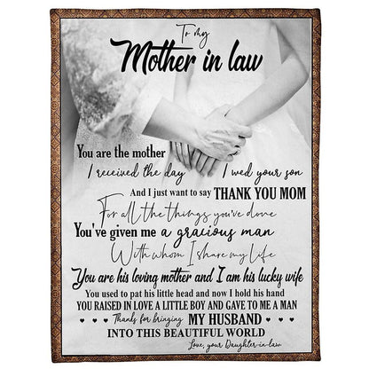 Personalized To My Mother-In-Law Blanket Hand Holding Hand I Am His Lucky Wife Blanket, Mother's Day Blanket, Mom Blanket