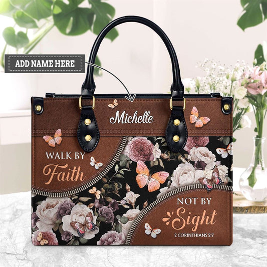 Personalized Walk By Faith Not By Sight 2 Corinthians 5 7 Butterfly Flower Leather Handbags, Gift For Christian Women, Church Bag, Religious Bag