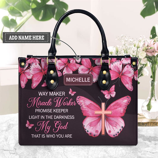 Personalized Way Maker Miracle Worker Butterfly Butterfly Leather Handbags, Gift For Christian Women, Church Bag, Religious Bag