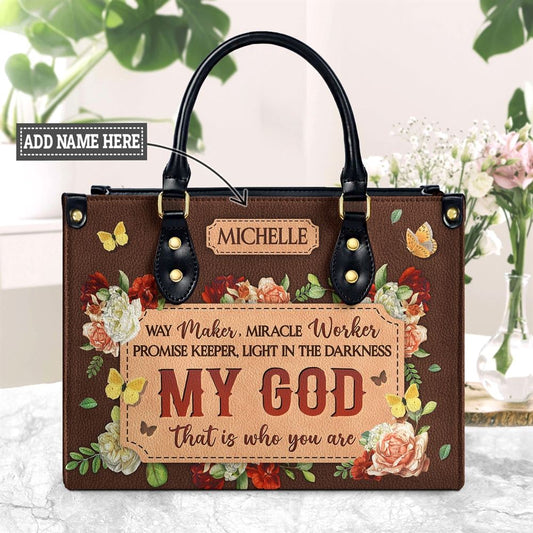 Personalized Way Maker Miracle Worker Butterfly Flower Leather Handbags, Gift For Christian Women, Church Bag, Religious Bag