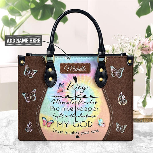 Personalized Way Maker Miracle Worker Butterfly Tie Dye Leather Handbags, Gift For Christian Women, Church Bag, Religious Bag