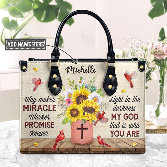 Personalized Way Maker Miracle Worker Cardinal Flower Vase Leather Handbags, Gift For Christian Women, Church Bag, Religious Bag
