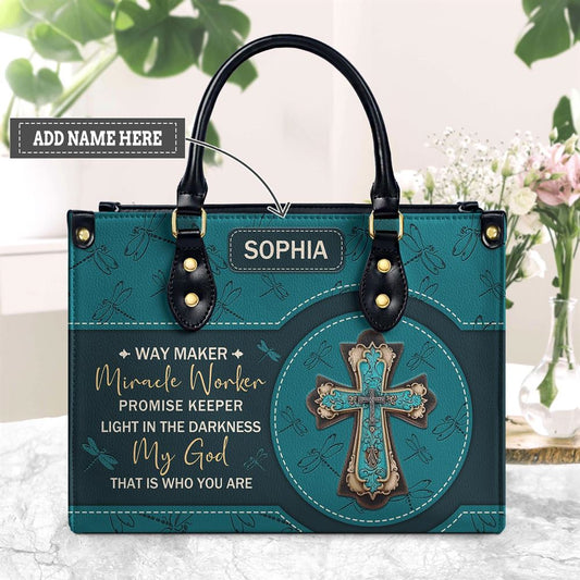 Personalized Way Maker Miracle Worker Dragonfly Leather Handbags, Gift For Christian Women, Church Bag, Religious Bag