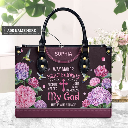 Personalized Way Maker Miracle Worker Hummingbird Hydrangea Leather Handbags, Gift For Christian Women, Church Bag, Religious Bag