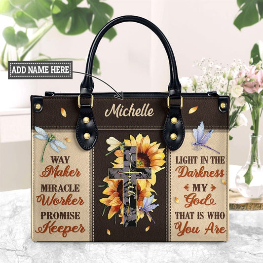 Personalized Way Maker Miracle Worker Sunflower Dragonfly Leather Handbags, Gift For Christian Women, Church Bag, Religious Bag