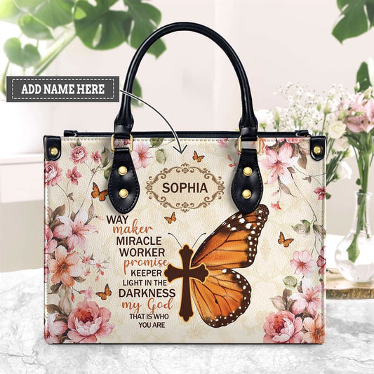 Personalized Way Maker Miracle Worker Vintage Butterfly Flower Leather Handbags, Gift For Christian Women, Church Bag, Religious Bag