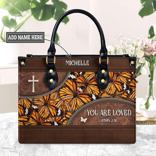 Personalized You Are Loved John 3 16 Butterfly Pattern Leather Handbags, Gift For Christian Women, Church Bag, Religious Bag