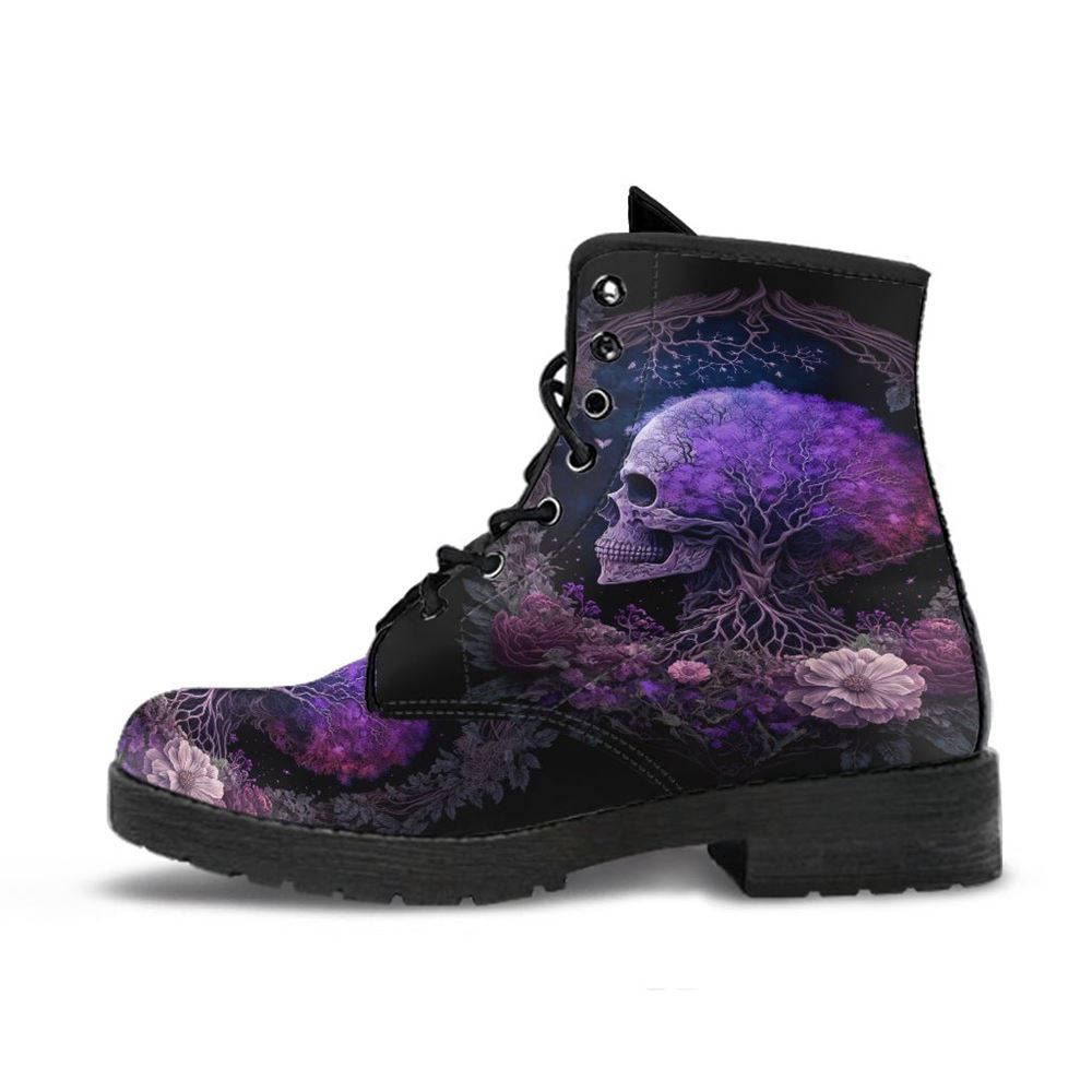 Purple Skull Flower Leather Boots For Men And Women, Gift For Hippie Lovers, Hippie Boots, Lace Up Boots