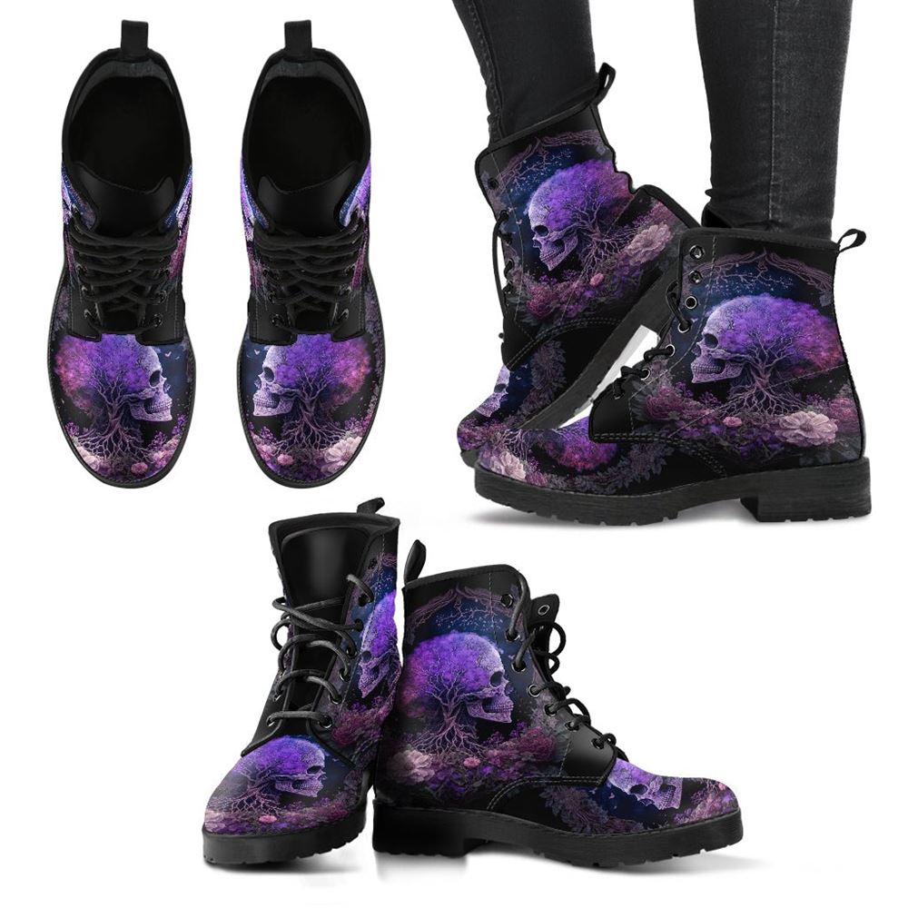 Purple Skull Flower Leather Boots For Men And Women, Gift For Hippie Lovers, Hippie Boots, Lace Up Boots