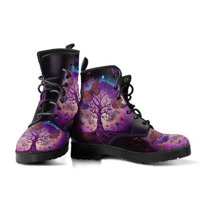 Purple Tree Of Life And Butterflies Leather Boots For Men And Women, Gift For Hippie Lovers, Hippie Boots, Lace Up Boots