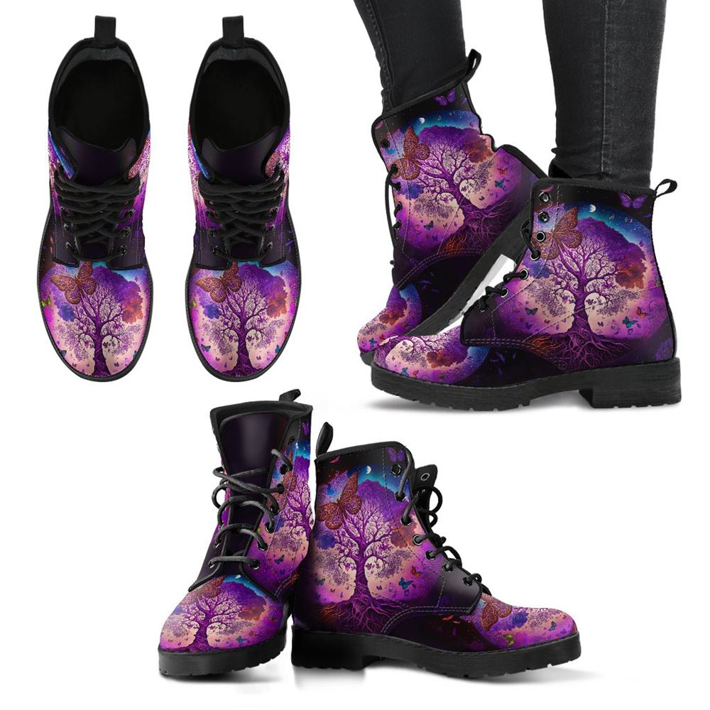 Purple Tree Of Life And Butterflies Leather Boots For Men And Women, Gift For Hippie Lovers, Hippie Boots, Lace Up Boots