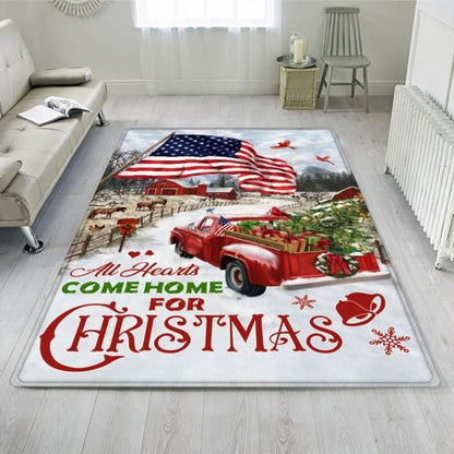 Red Truck American Rug All Hearts Come Home For Christmas, Christmas Rug, Christmas Living Room Decor Rug, Christmas Floot Mat
