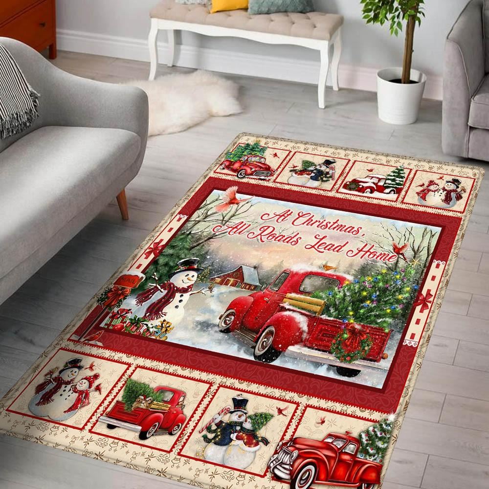 Red Truck Rug At Christmas All Roads Lead Home, Christmas Rug, Christmas Living Room Decor Rug, Christmas Floot Mat