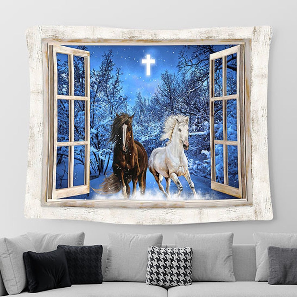 Running Horses Blue Night Crystal Cross Wall Art Tapestry - Christian Tapestries For Room Decor - Gifts For Horse Lovers
