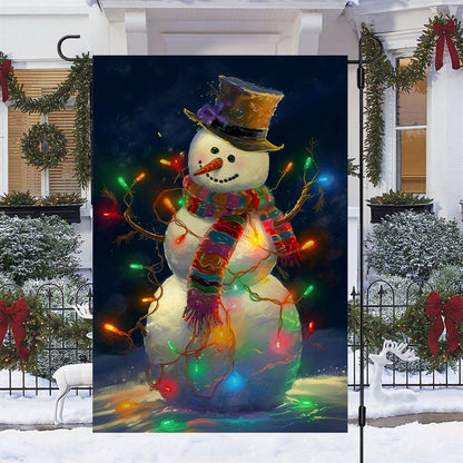 Snowman Surrounded By String Lights Christmas Flag, Christmas Gift, Christmas Garden Flags, Christmas Outdoor Flag