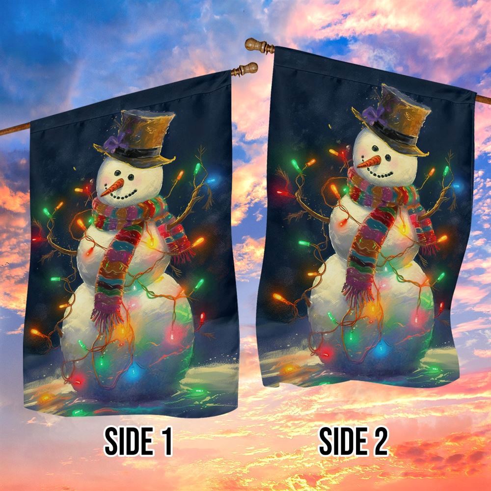 Snowman Surrounded By String Lights Christmas Flag, Christmas Gift, Christmas Garden Flags, Christmas Outdoor Flag