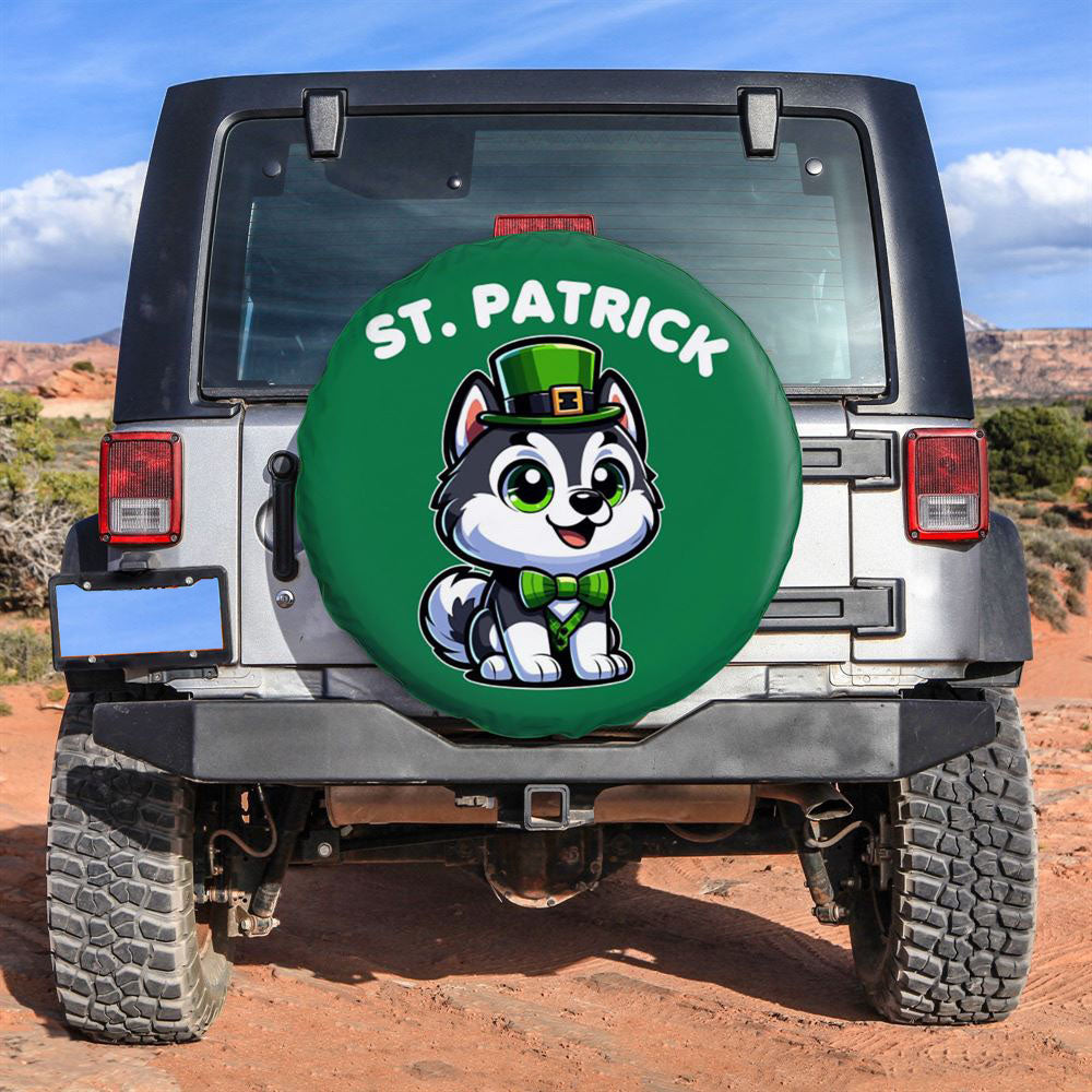 St Patrick Day Husky Cute Dog Car Tire Cover, St Patrick's Day Car Tire Cover, Shamrock Spare Tire Cover Wrangler