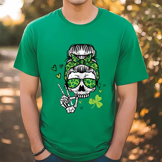 St Patricks Day Skull Messy Bun Saint Pattys Paddys T-Shirt, St Patrick's Day T shirt, St Paddys Day T Shirt, Shamrock Tee