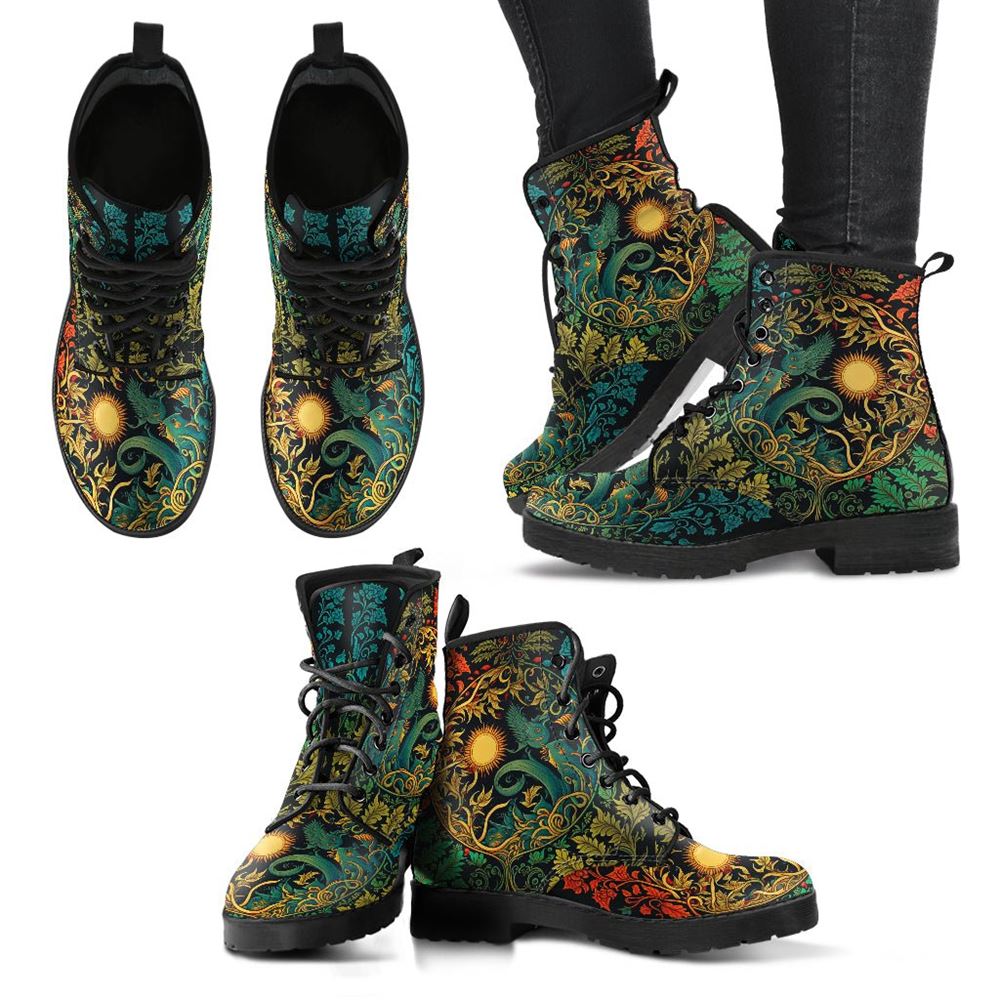 Sun And Moon Jungle Art Leather Boots For Men And Women, Gift For Hippie Lovers, Hippie Boots, Lace Up Boots