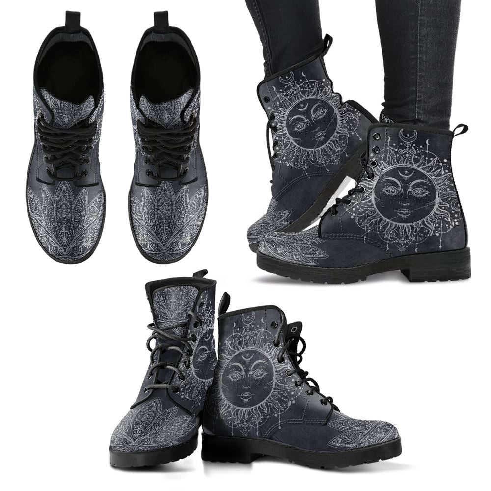 Sun Lotus Leather Boots For Men And Women, Gift For Hippie Lovers, Hippie Boots, Lace Up Boots