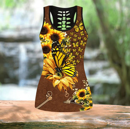 Sunflower Butterfly Hollow Tanktop Leggings, Sports Clothes Style Hippie For Women, Gift For Yoga Lovers