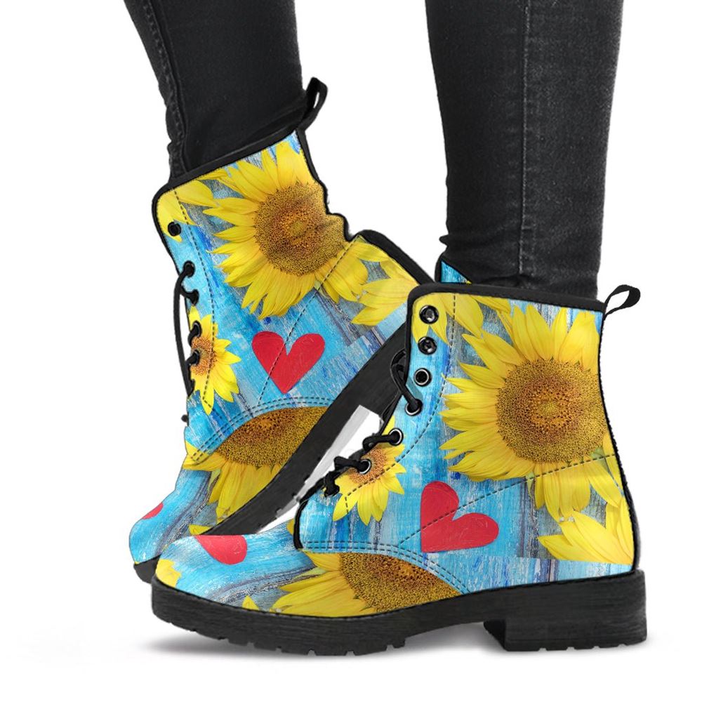 Sunflower Love Leather Boots For Men And Women, Gift For Hippie Lovers, Hippie Boots, Lace Up Boots