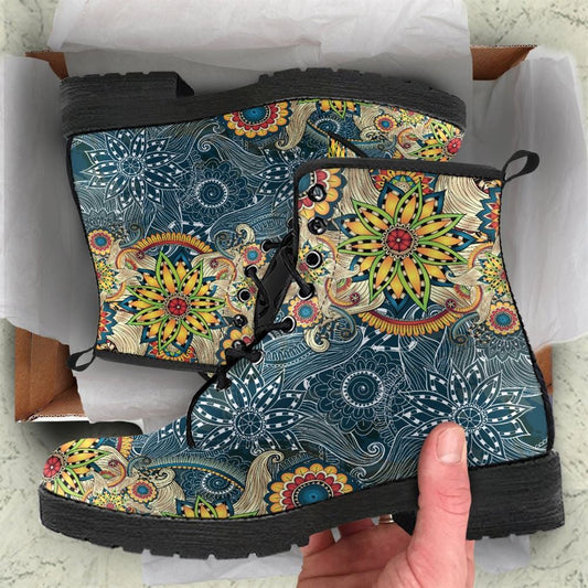 Sunflower Mandala Leather Boots For Men And Women, Gift For Hippie Lovers, Hippie Boots, Lace Up Boots