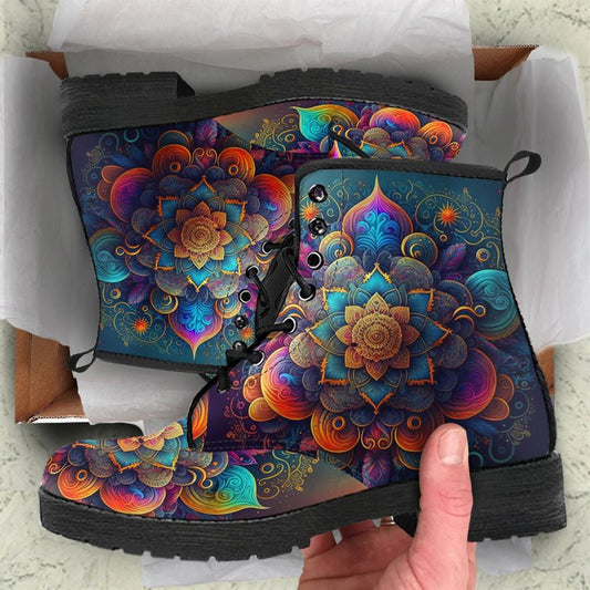 Super Chakra Mandala Leather Boots For Men And Women, Gift For Hippie Lovers, Hippie Boots, Lace Up Boots
