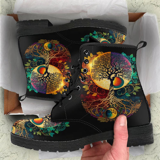 Surya Tree Of Life Leather Boots For Men And Women, Gift For Hippie Lovers, Hippie Boots, Lace Up Boots