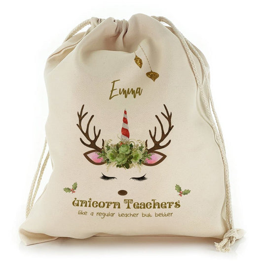 Teachers Name and Green Reindeer Unicorn Christmas Sack, Christmas Bag Gift, Christmas Tree Decoration Ideas, Christmas Gift 2023