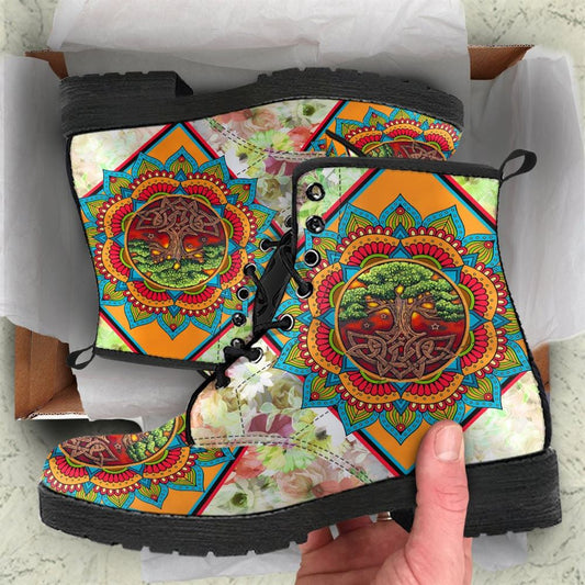 Tree Of Life Floral Mandala Leather Boots For Men And Women, Gift For Hippie Lovers, Hippie Boots, Lace Up Boots