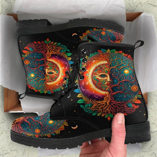 Tree Of Life Sun And Moon Leather Boots For Men And Women, Gift For Hippie Lovers, Hippie Boots, Lace Up Boots