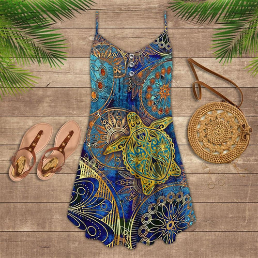 Turtle Mandala Spaghetti Strap Summer Dress For Women On Beach Vacation, Hippie Dress, Hippie Beach Outfit