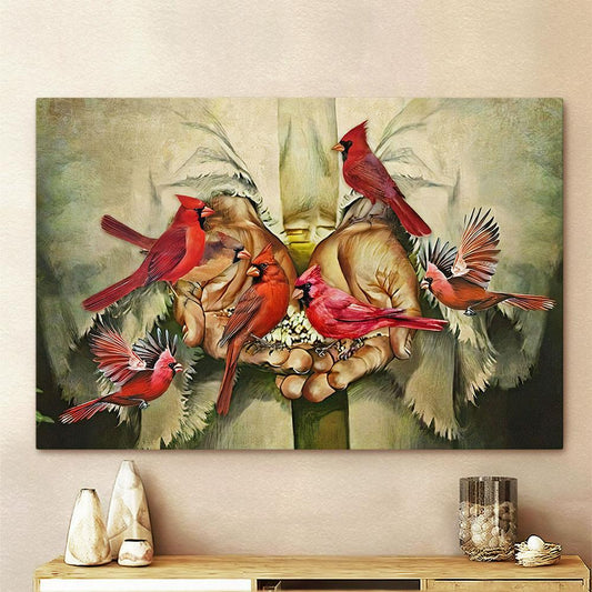 Two Hand And Red Cardinal Birds Canvas Wall Art - Bible Verse Wall Art - Christian Home Decor