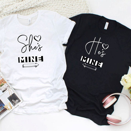 Valentine'S Special Adorable 'He'S Mine Matching Outfits Set For Couples, Couple T Shirts, Valentine T-Shirt, Valentine Day Gift