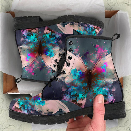 Watercolor Art Butterfly Leather Boots For Men And Women, Gift For Hippie Lovers, Hippie Boots, Lace Up Boots