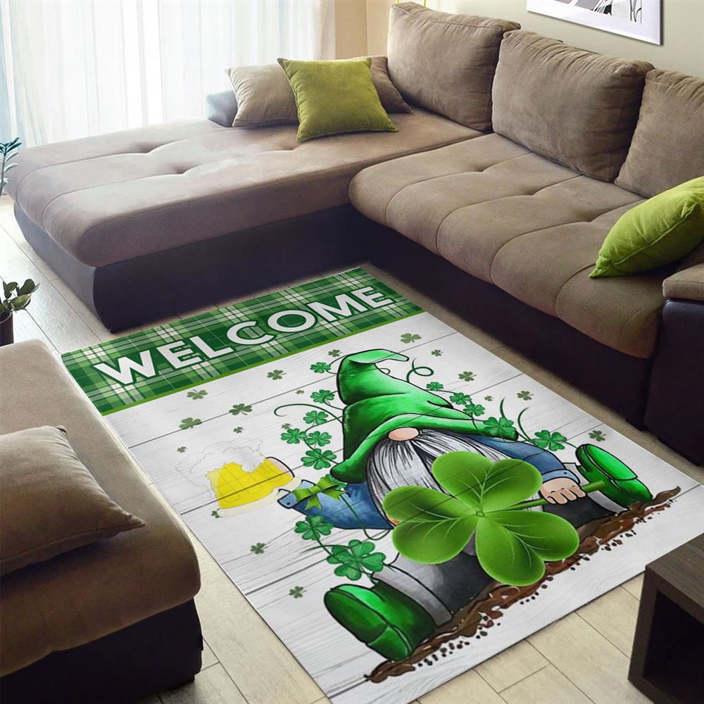 Welcome Gnome Holds Clover Rug, St Patrick's Day Rug, Clover Rug For Irish Decor, Green Rug