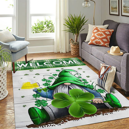 Welcome Gnome Holds Clover Rug, St Patrick's Day Rug, Clover Rug For Irish Decor, Green Rug