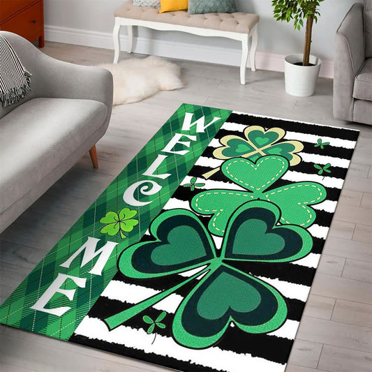 Welcome Shamrocks Rug, St Patrick's Day Rug, Clover Rug For Irish Decor, Green Rug