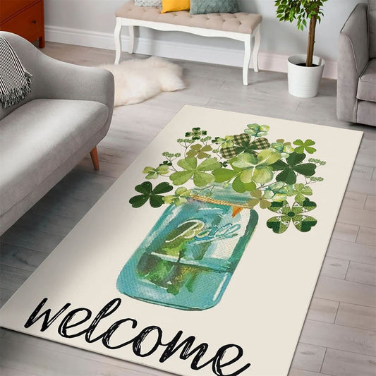 Welcome St Patrick's Day Lucky Shamrock Clover Rug, St Patrick's Day Rug, Clover Rug For Irish Decor, Green Rug