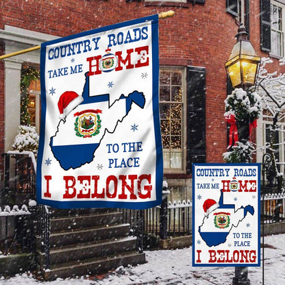 West Virginia Christmas Flag Country Roads Take Me Home To The Place I Belong Christmas Flag, Christmas Garden Flags, Christmas Outdoor Flag