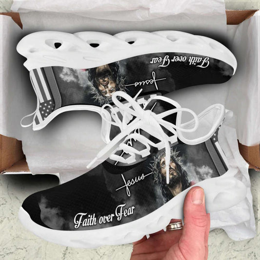 White And Black Jesus Faith Over Fear Running Sneakers Max Soul Shoes, Christian Soul Shoes, Jesus Running Shoes, Fashion Shoes