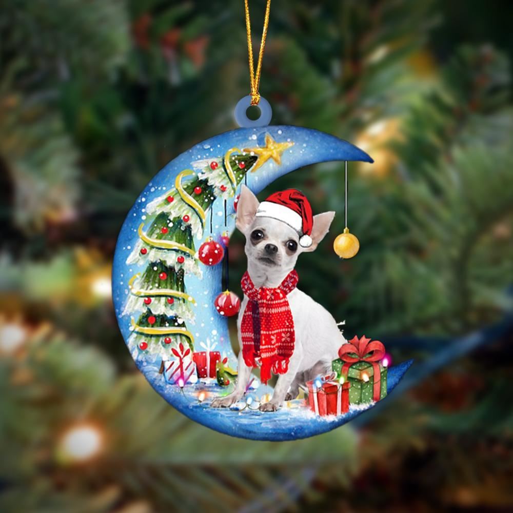 White Chihuahua Sits On The Moon Merry Christmas Hanging Ornament, Christmas Tree Decoration, Christmas Ornaments 2023