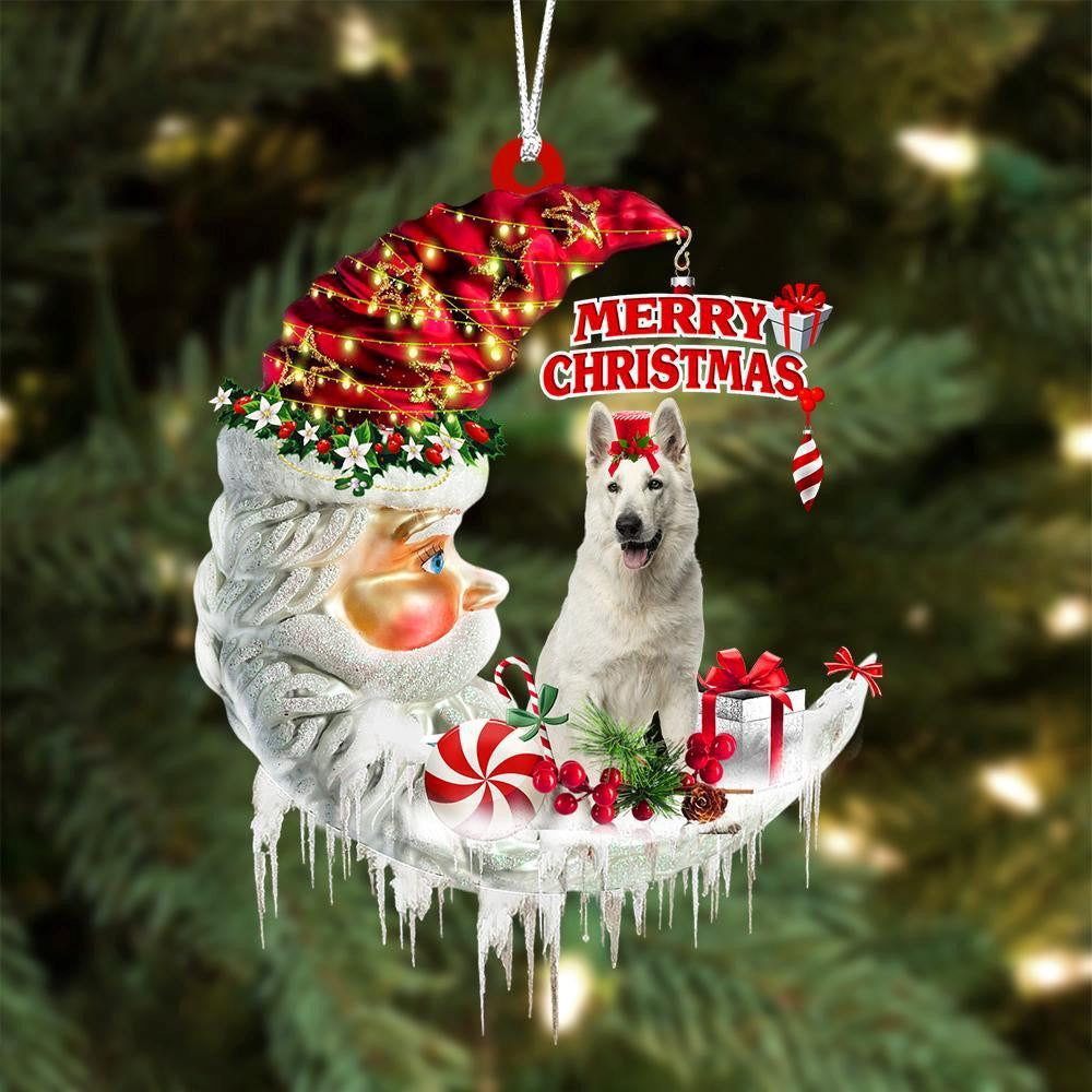 White German Shepherd On The Moon Merry Christmas Hanging Ornament, Christmas Tree Decoration, Car Ornament Accessories, Christmas Ornaments 2023