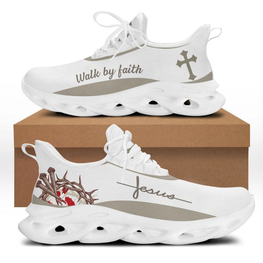 White Jesus Walk By Faith Running Sneakers Max Soul Shoes, Christian Soul Shoes, Jesus Running Shoes, Fashion Shoes